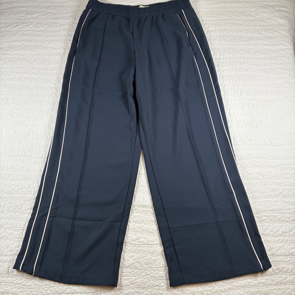 Abercrombie & Fitch Pull-On Track Pant Navy Blue Wide Leg Piping Sz Med Regular